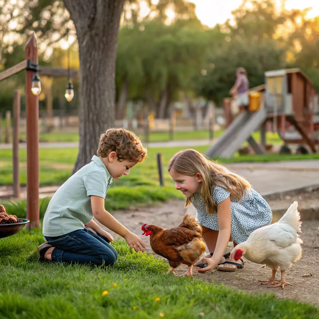 Children playing with chickens at farm park